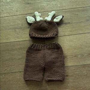 Handmade Brown Knit Deer Antler Baby Hat and Pants Set